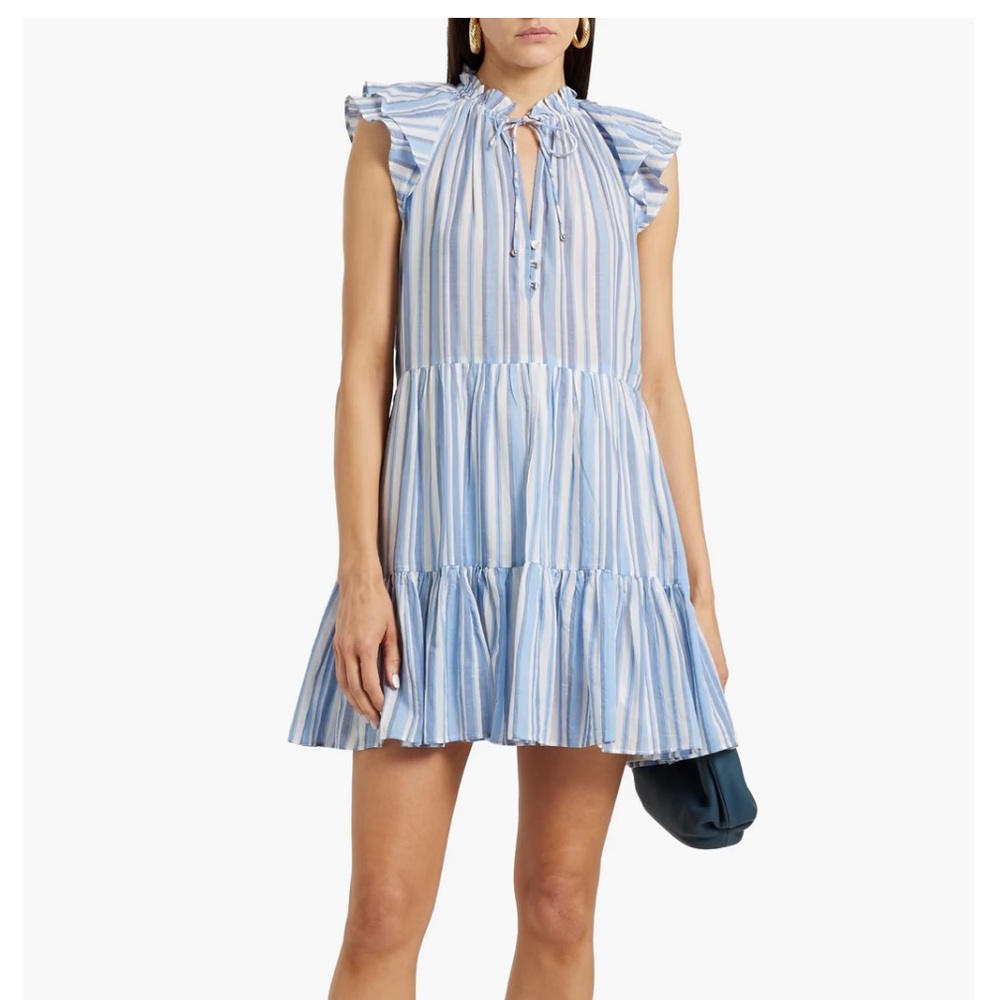 Veronica Beard Zee Layered Striped Ramie Mini Dress Ruffle Sleeves
